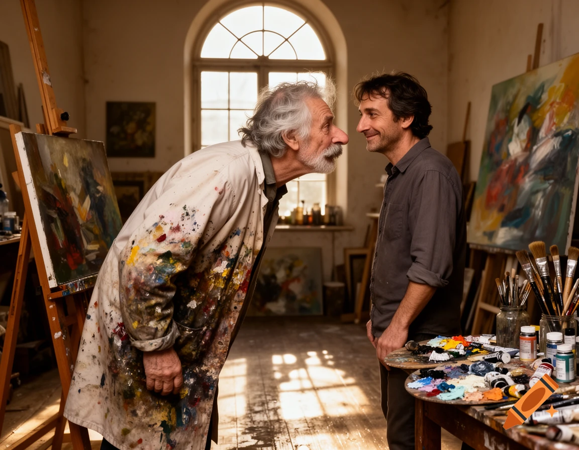 An older, paint-splattered artist leans in to inspect a younger man's face in an art studio.