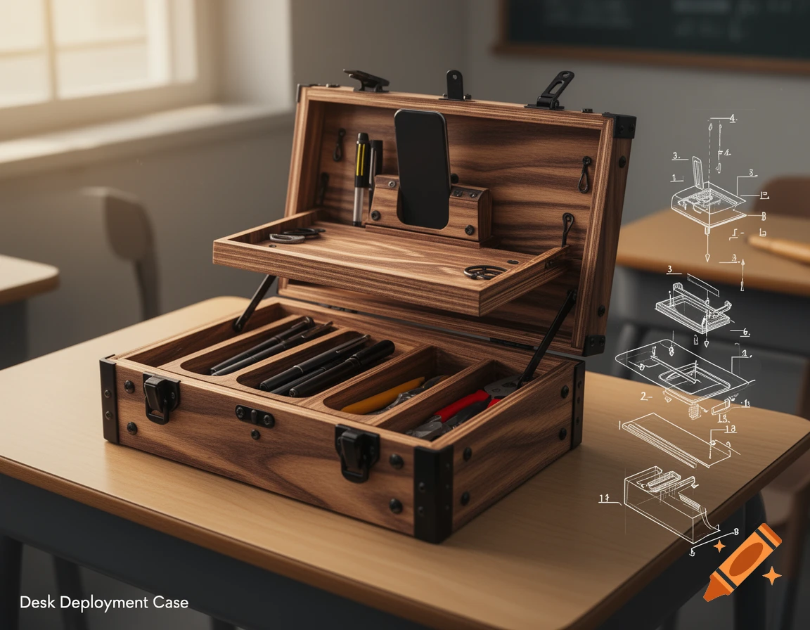 Open wooden 'Desk Deployment Case' on a school desk, showing compartments, a phone holder, and technical blueprint overlays.