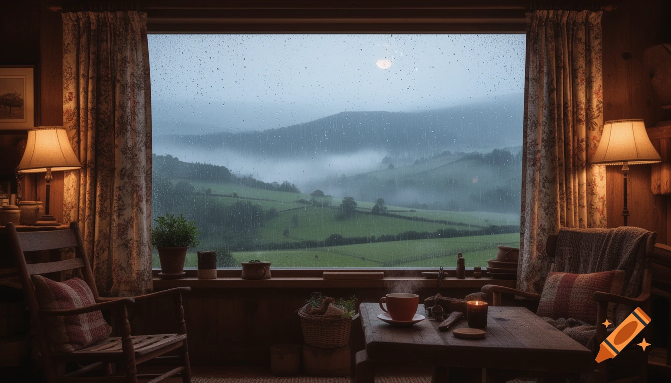 A cozy country room with warm lamps, a rocking chair, and a steaming cup on a table, looking out a rain-covered window at foggy green hills.