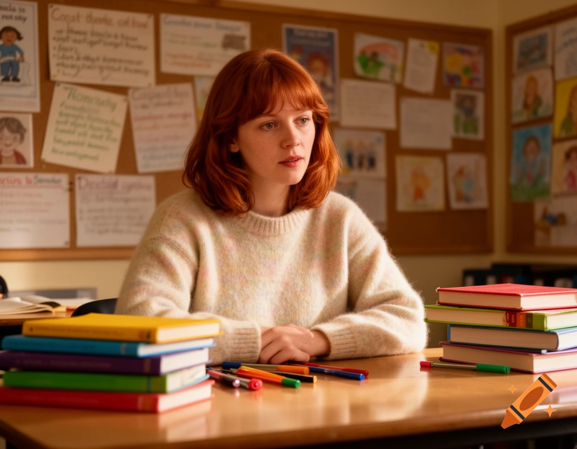 A woman with red hair sits at a desk in a classroom, surrounded by stacks of books and a corkboard with papers.