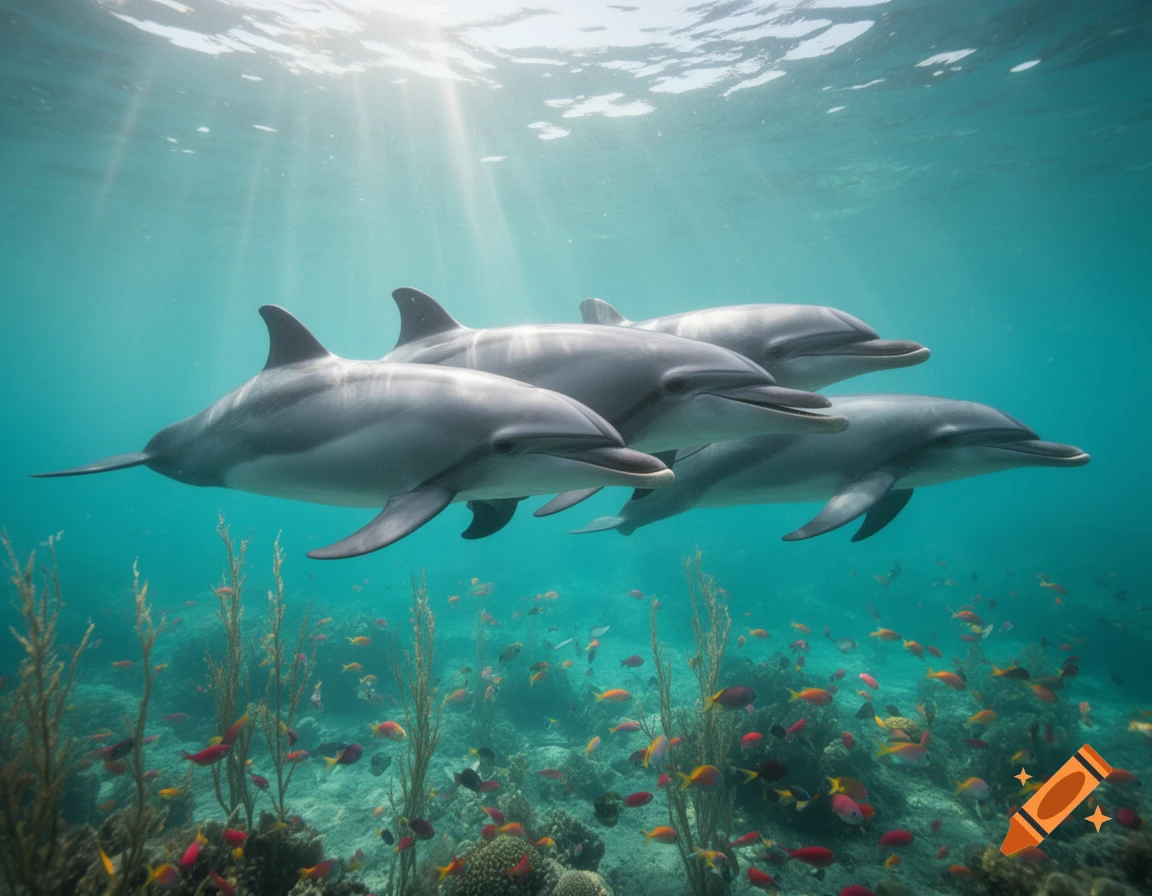 Four dolphins swim gracefully underwater with sunlight streaming through the surface, surrounded by colorful coral and fish.