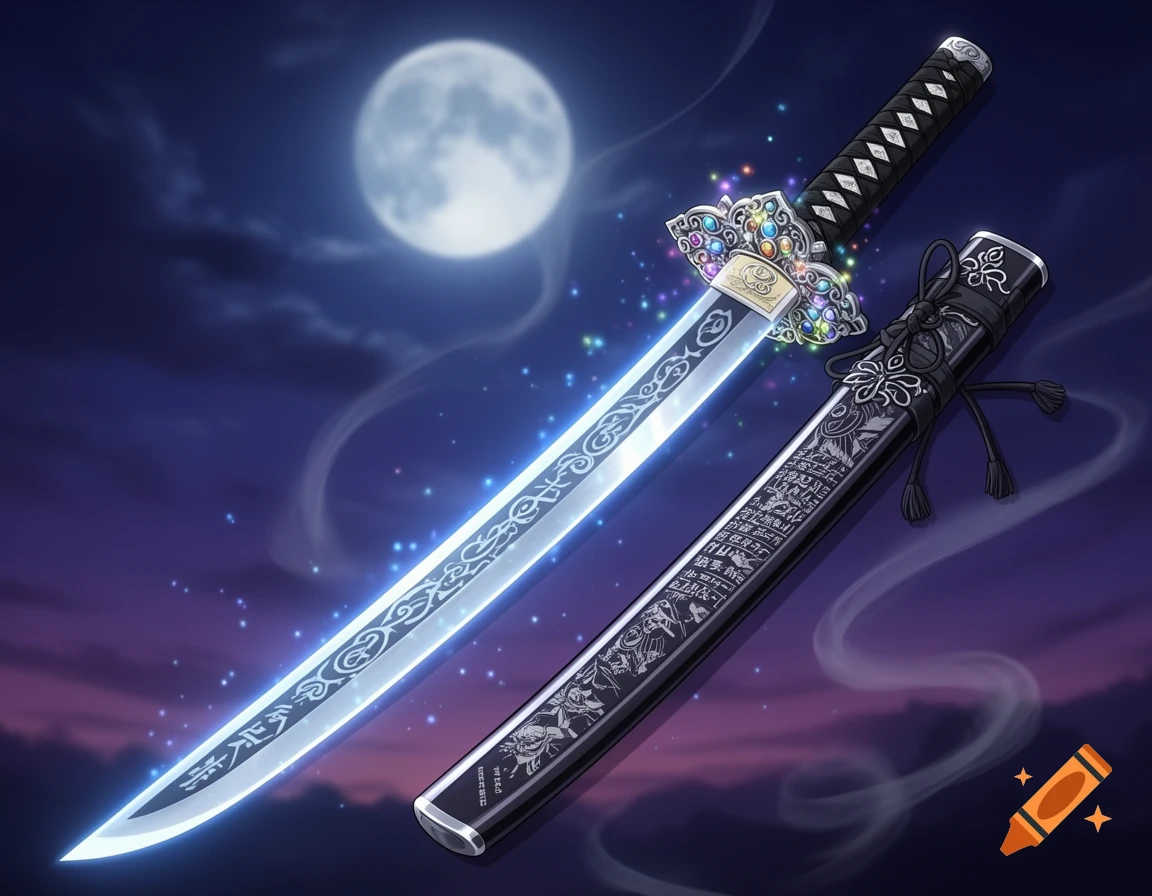 A glowing magic katana with a jeweled hilt and decorative sheath, set against a full moon and starry night sky in an anime style.