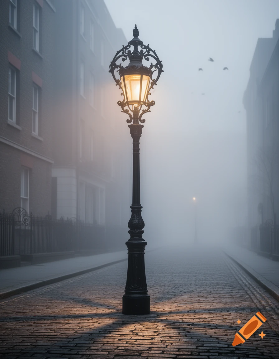 An ornate lamp post illuminates a foggy cobblestone street, with distant buildings obscured by mist.