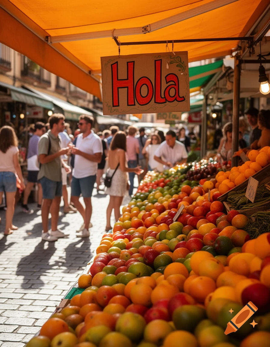 A vibrant market scene with a sign reading "Hola" hanging above a stall overflowing with colorful fresh fruits. People browse in the sunny background.