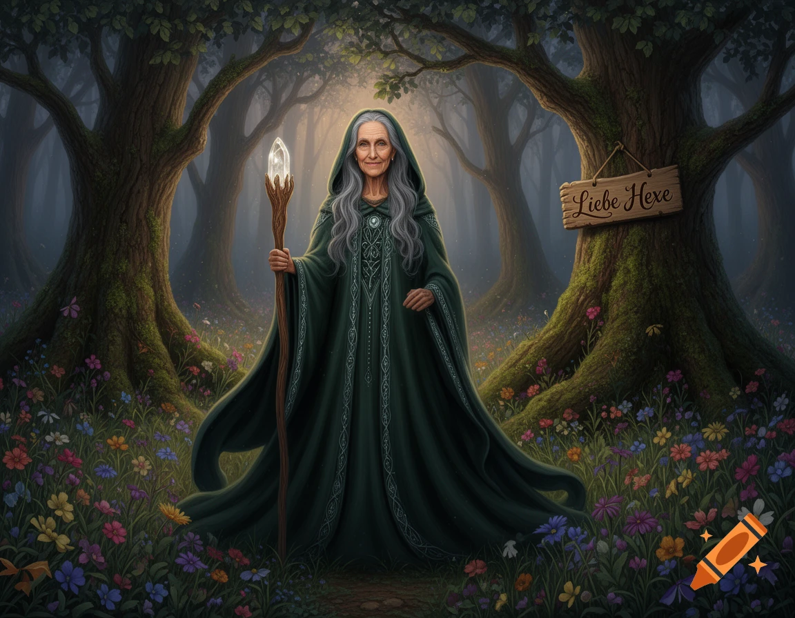 An old witch with long grey hair and a hooded dark green robe stands in an enchanted forest, holding a glowing crystal staff. A sign on a tree reads "Liebe Hexe".