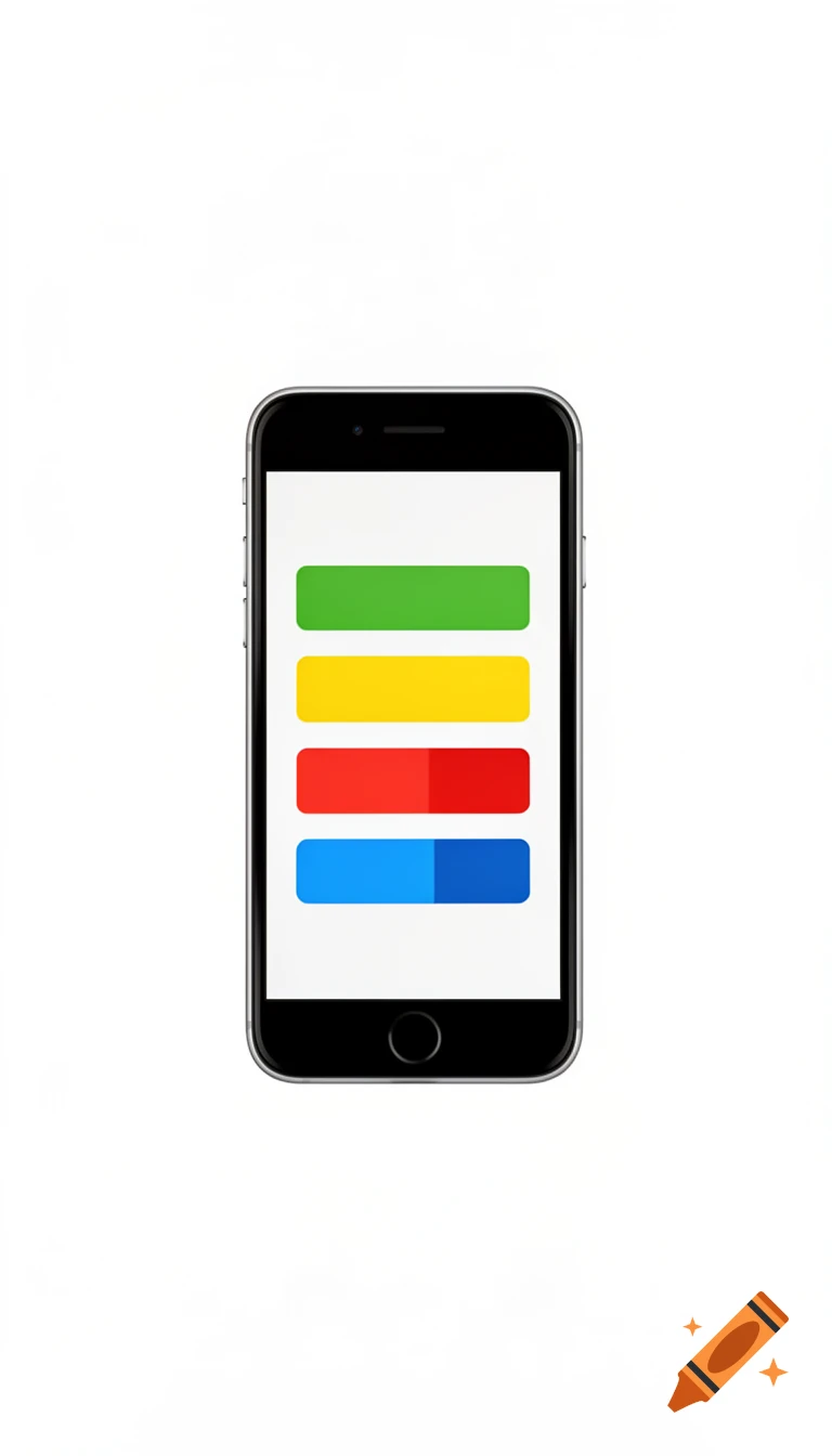 A black iPhone displays a white screen with four horizontal colored bars: green, yellow, red, and blue.