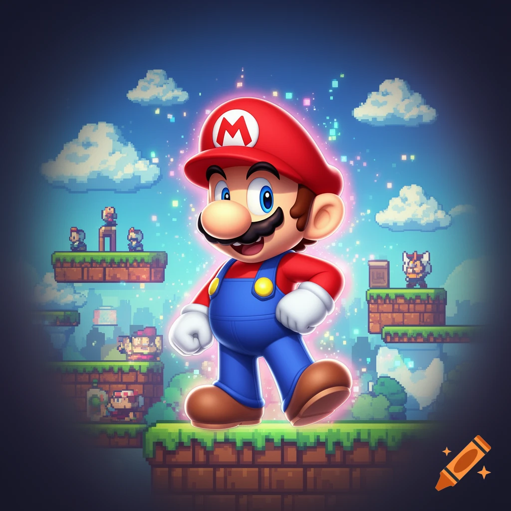 3D Mario stands on a pixelated platform with a glowing aura, surrounded by a pixel art world with clouds and small characters.