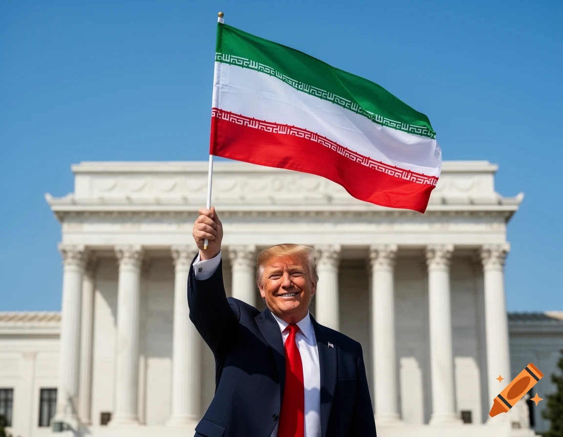 Donald Trump smiles while holding an Iranian flag aloft in front of a classical building under a clear blue sky.