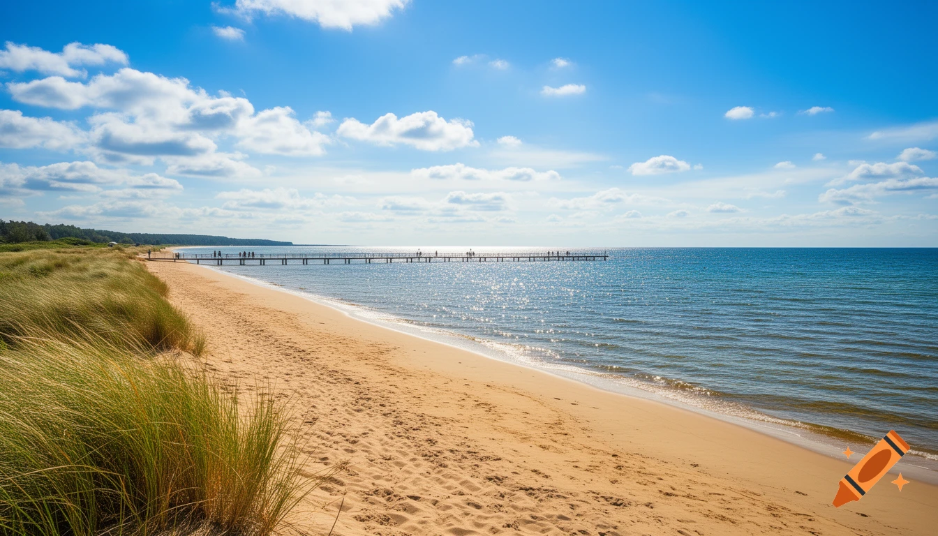A sunny beach with tall dune grasses and a long wooden pier extending into a sparkling blue ocean under a cloudy sky.