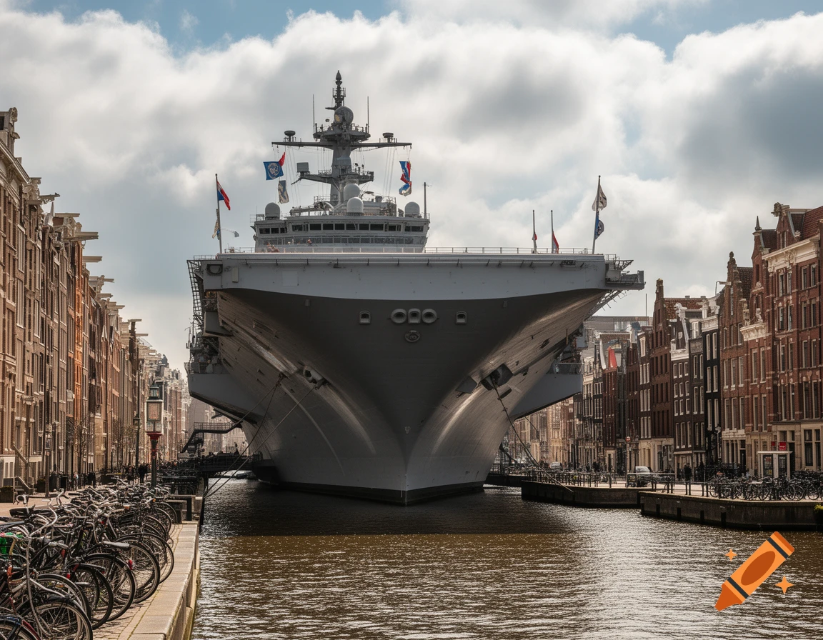 A massive grey warship fills a narrow canal in Amsterdam, flanked by historic buildings and rows of parked bicycles under a cloudy sky.