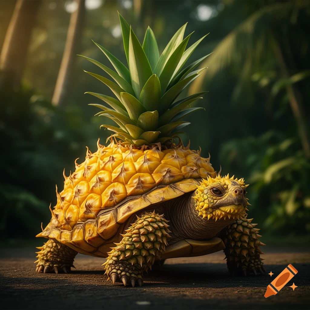 Photorealistic image of a turtle with a pineapple for a shell, spiked pineapple skin on its head and legs, and leaves sprouting from its back, in a tropical setting.