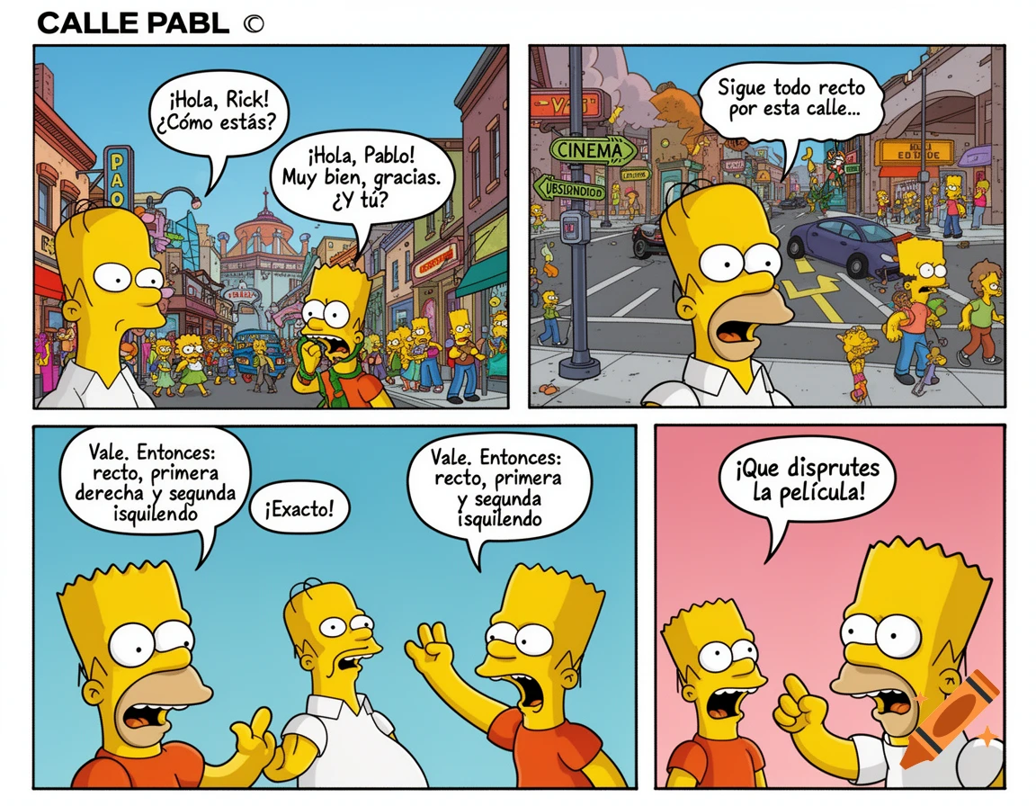 A four-panel comic strip in the style of The Simpsons, featuring Homer and Bart in a city street. They are having a conversation with speech bubbles in Spanish about directions to a cinema.