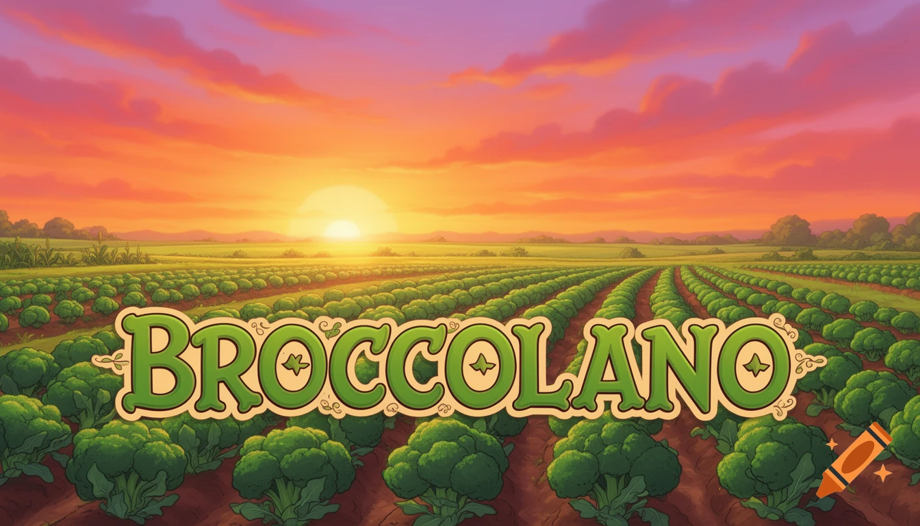 Cartoon landscape of a broccoli field at a dramatic sunrise, with 'BROCCOLANO' in large green text.