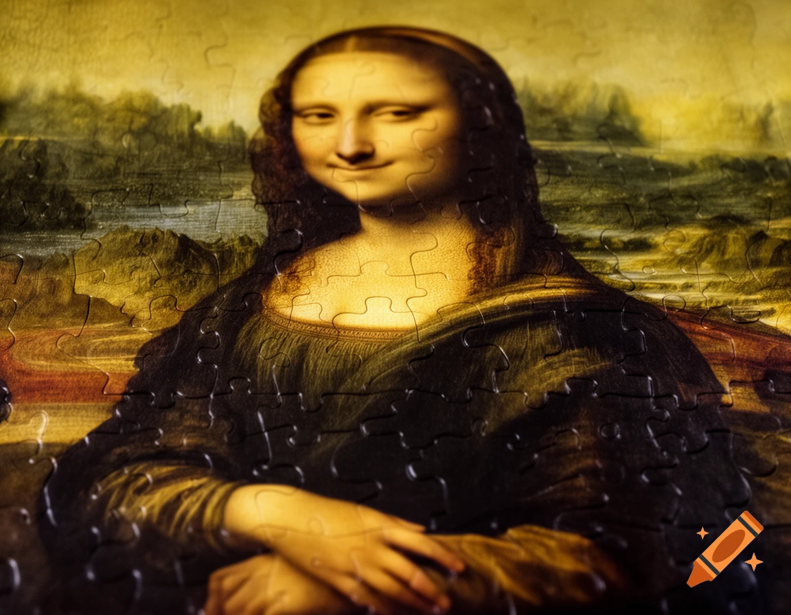Mona Lisa painting rendered as a jigsaw puzzle with a slightly crooked nose.
