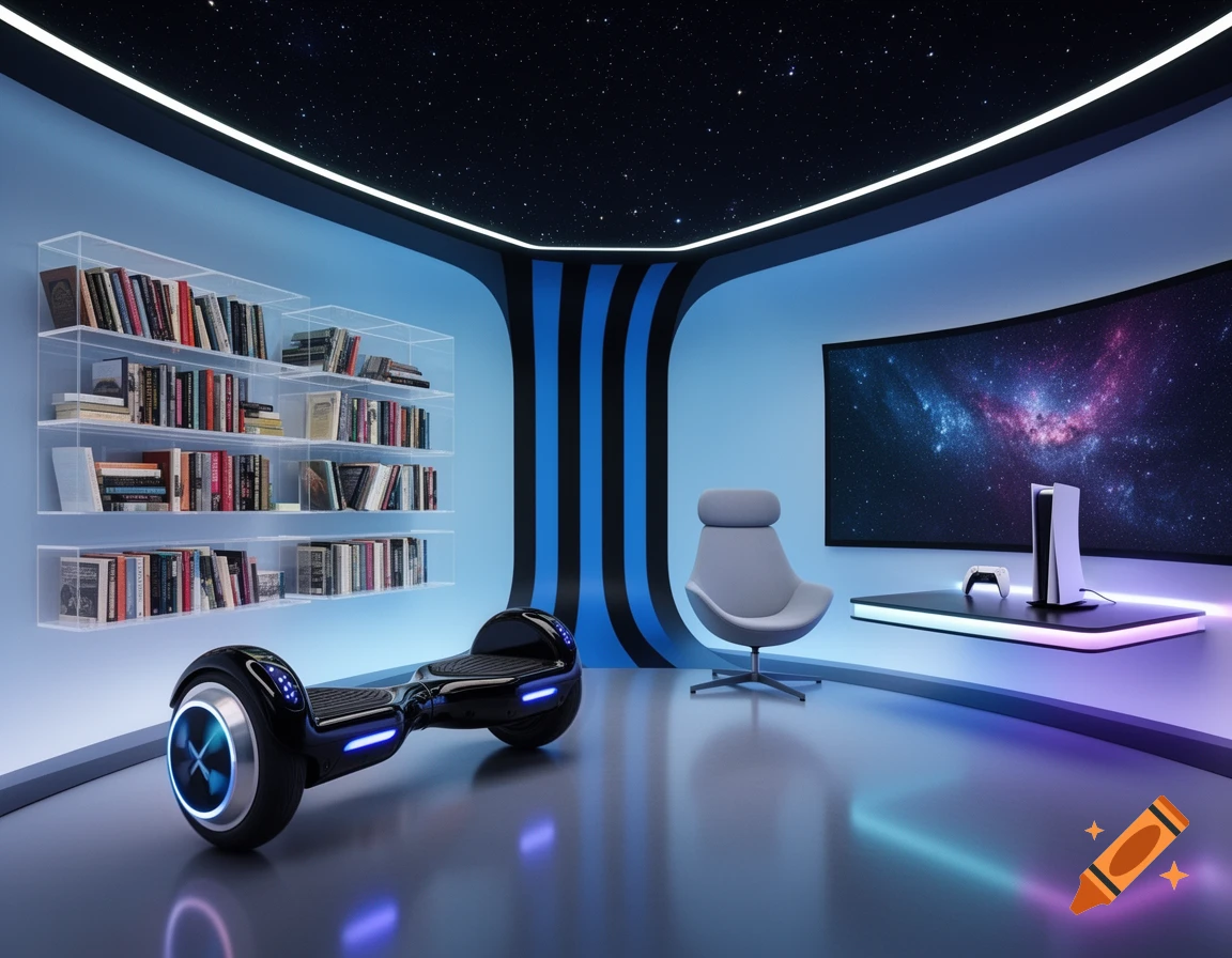 A futuristic room with a hoverboard, bookshelves, a large screen displaying a galaxy, a gaming console, and a starry ceiling.