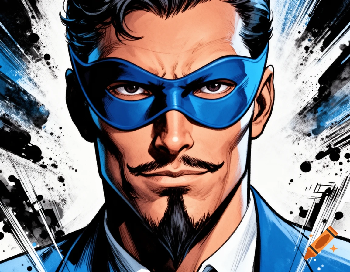 Close-up comic book art of a handsome man with a pointed goatee, mustache, and blue domino mask against an ink splash background.