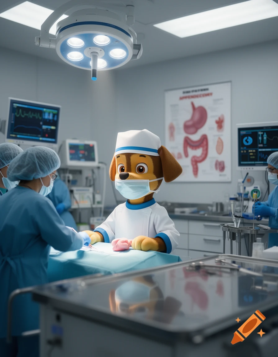 An anthropomorphic dog character wearing a surgical mask and cap stands at an operating table in a hospital operating room, with blurred surgeons in the background.