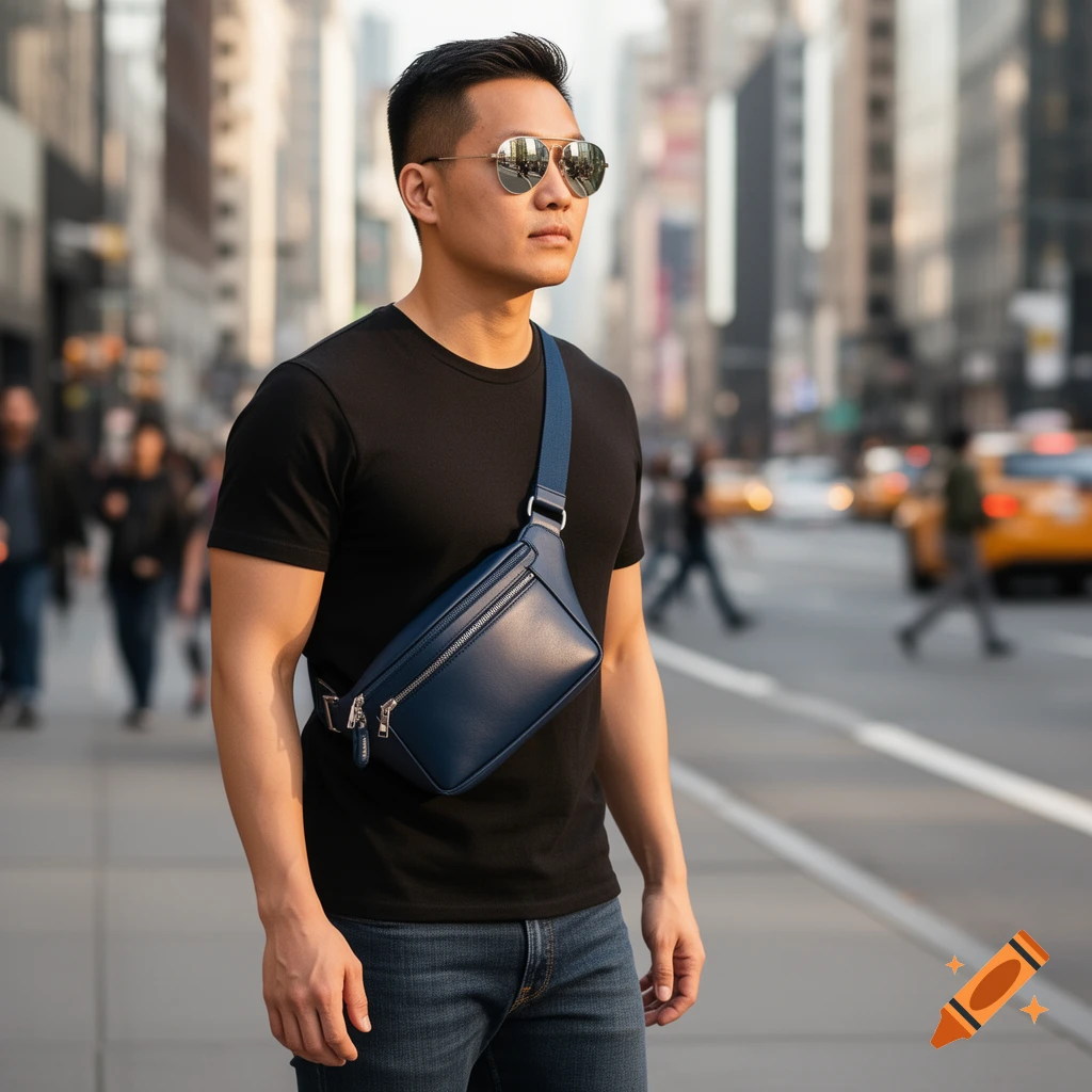 An Asian American man in a black t-shirt and jeans wears a blue fanny pack across his chest, walking on a sunny city street.