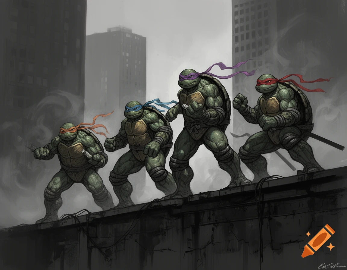 Four Ninja Turtles stand heroically on a dark city rooftop in a moody, gritty art style. Michelangelo, Leonardo, Donatello, and Raphael are ready for action.
