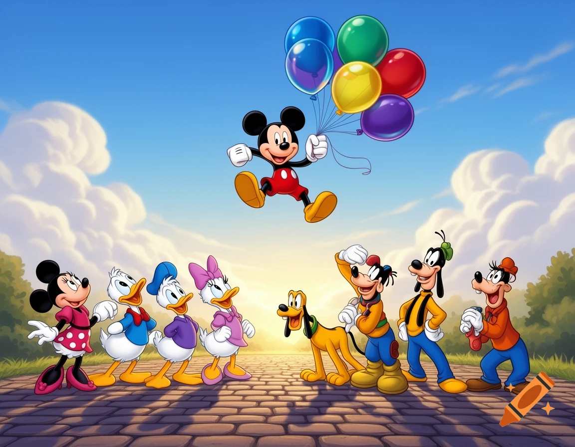 Mickey Mouse floats with balloons above Minnie, Donald, Daisy, Goofy, and Pluto on a paved path at sunset.