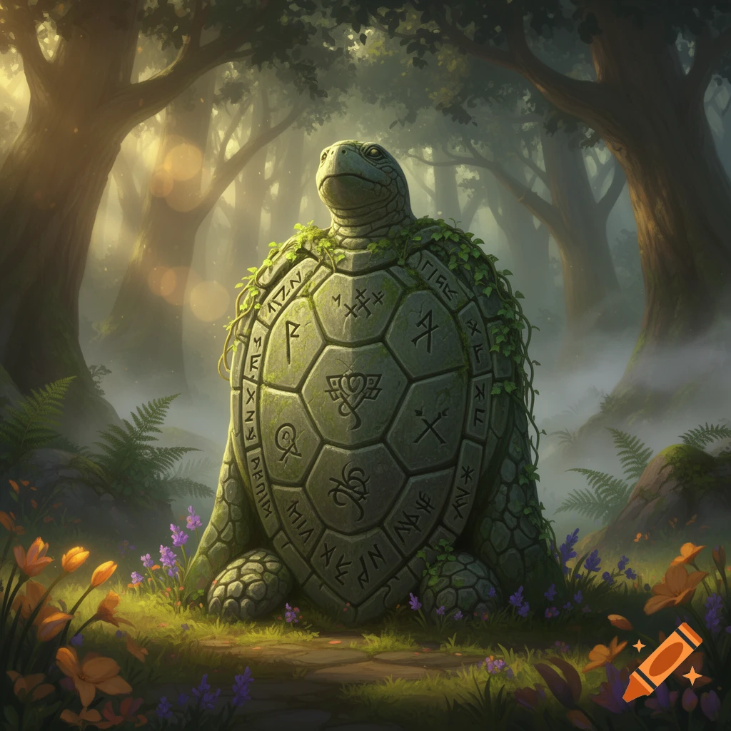 A moss-covered stone turtle statue with ancient runes carved into its shell sits on a forest path with misty light and wildflowers, fantasy art style.