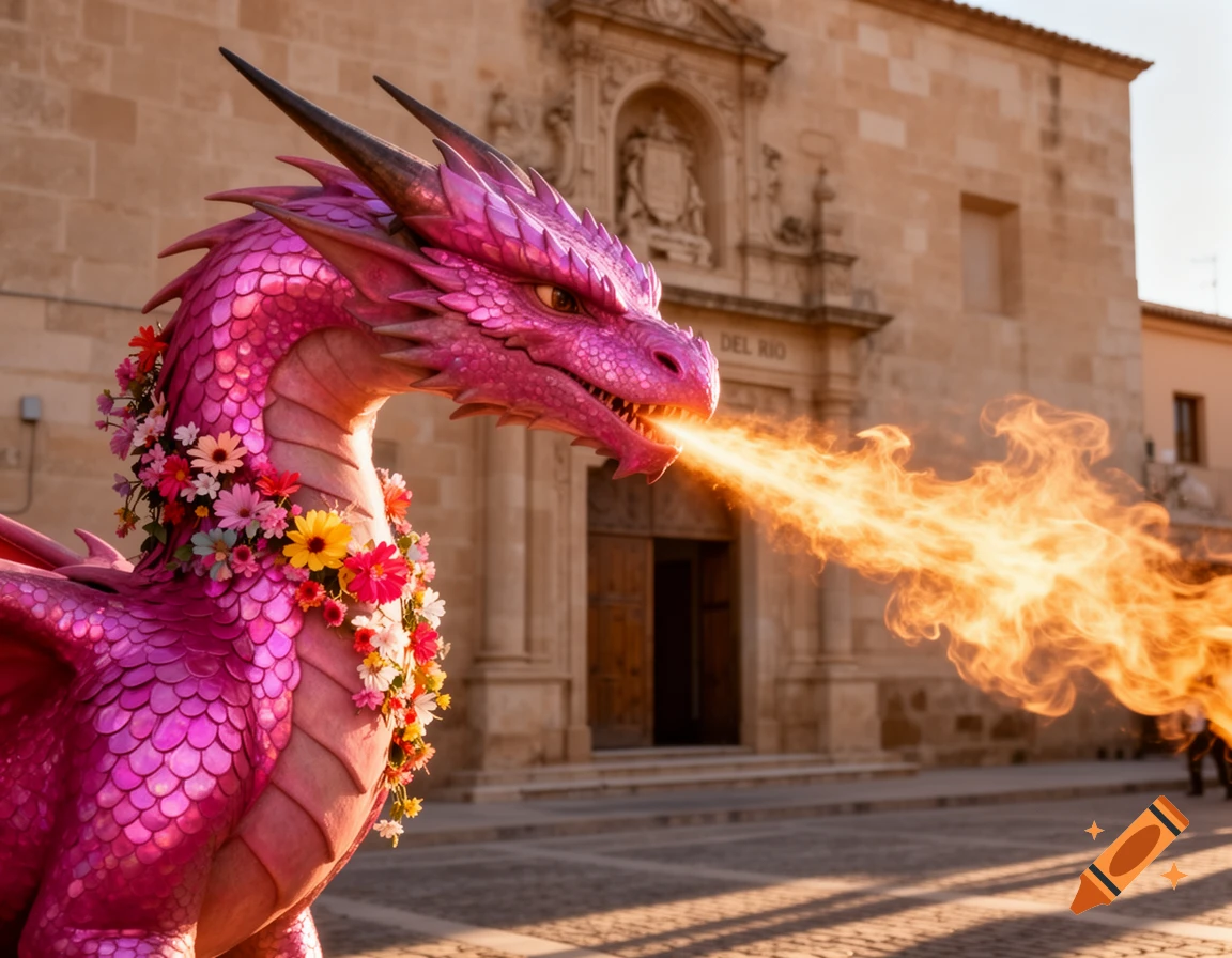 A vibrant pink dragon adorned with colorful flowers breathes fire in front of a grand stone building under a sunny sky.