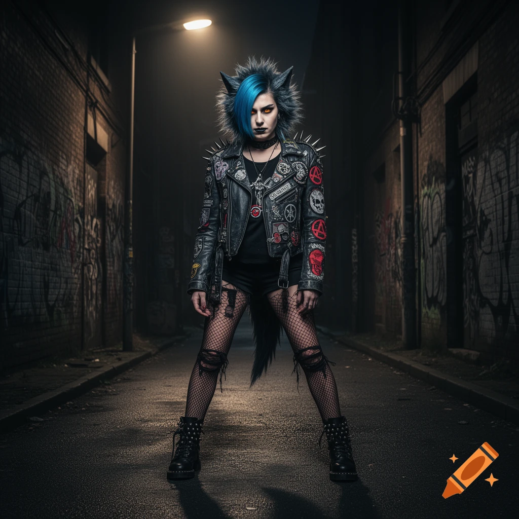 A punk werewolf woman with blue hair, glowing eyes, and a spiked leather jacket stands in a dark, graffiti-covered alley at night.