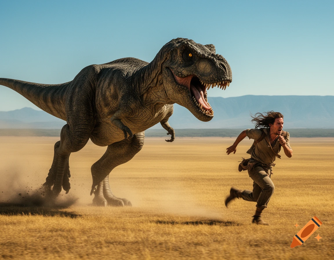 A powerful Tyrannosaurus Rex chases a man across a dusty, dry savanna under a clear blue sky.