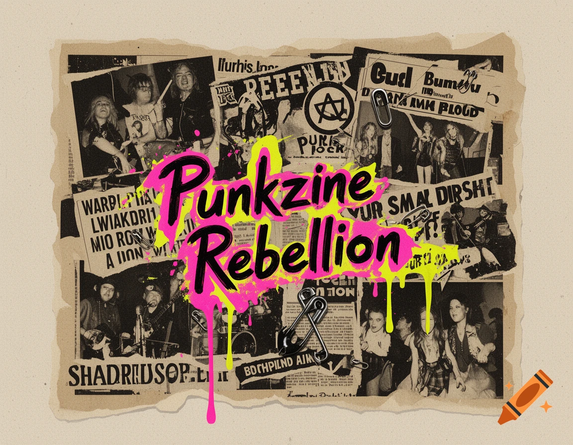 A distressed punkzine collage layout features black and white photos of punk bands and stylized text 'Punkzine Rebellion' in neon pink and yellow, with safety pins and paint drips.
