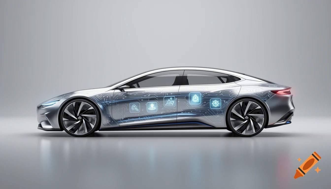 A futuristic silver car with glowing blue circuit patterns and digital icons on its side panels, against a minimalist grey background.