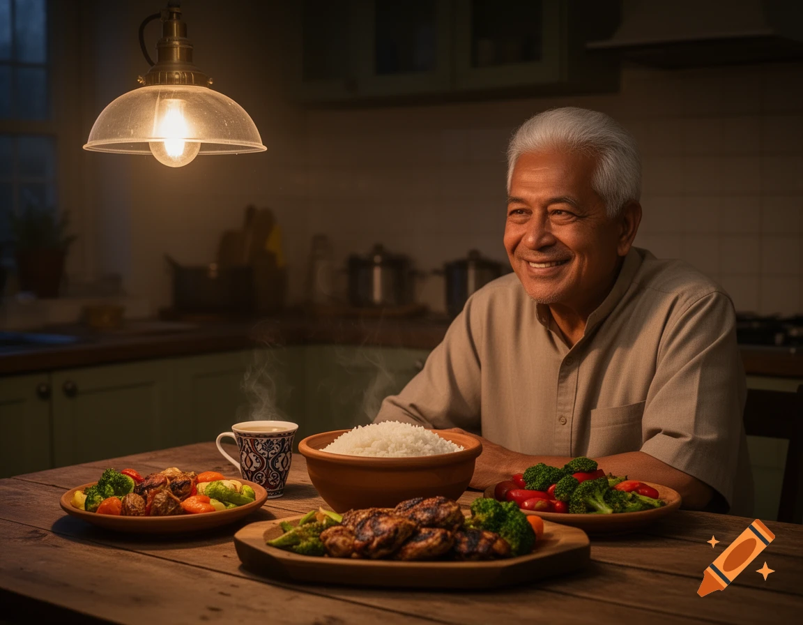 A smiling older man with white hair sits at a table laden with a meal including rice, grilled chicken, and vegetables, under a warm lamp.