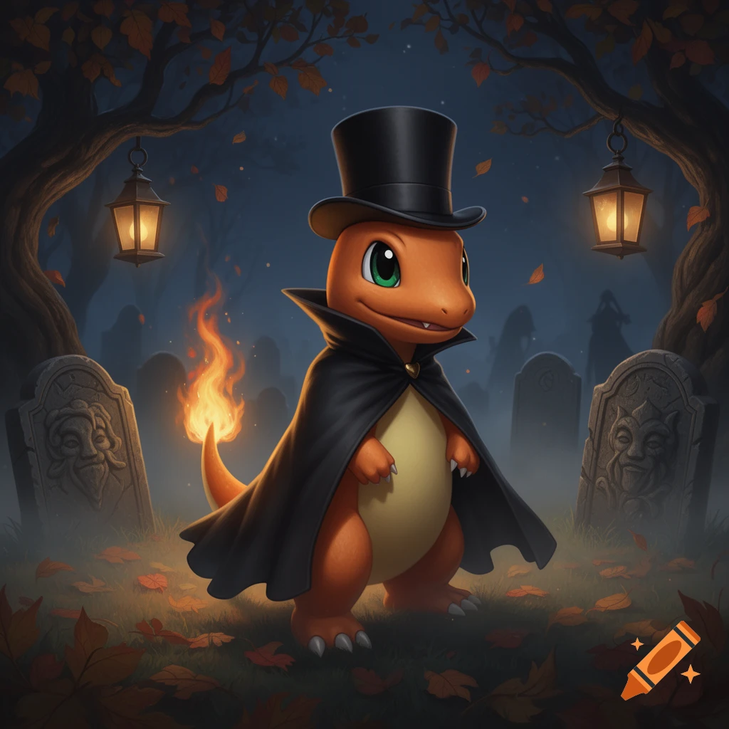 Charmander dressed as a vampire or undertaker with a top hat and cape stands in a spooky graveyard with glowing lanterns and autumn leaves.
