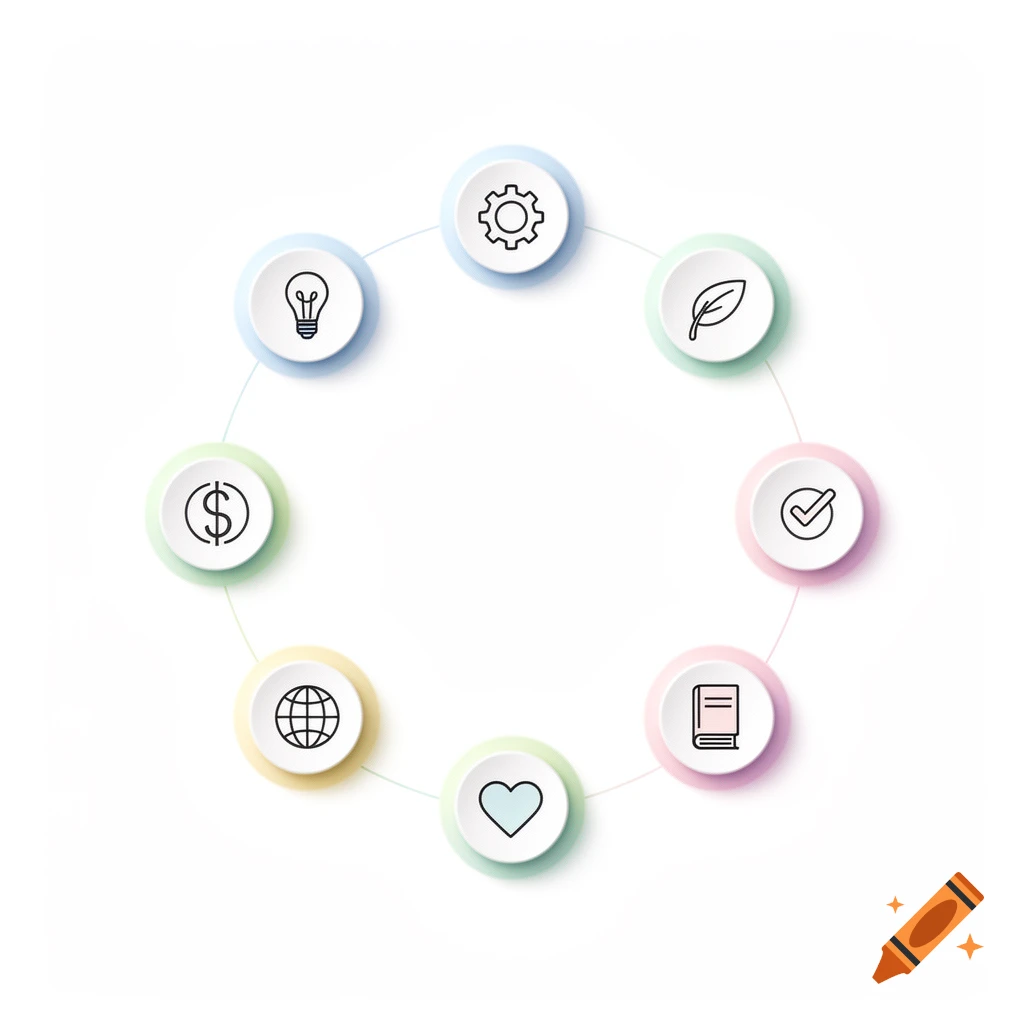 A circular diagram with 8 pastel-colored nodes, each containing a different icon: gear, leaf, checkmark, book, heart, globe, dollar sign, and lightbulb.