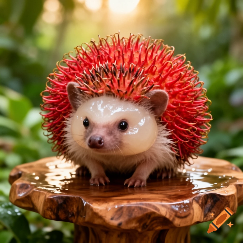 A photorealistic hedgehog with red rambutan quills and a smooth, pale lychee-like face sits on a wet wooden stand.