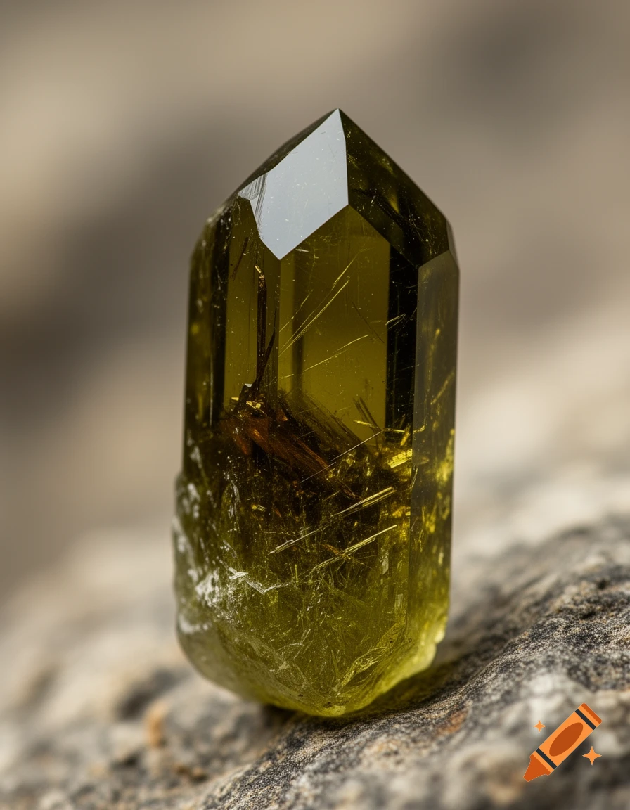 A close-up of a faceted, greenish-yellow titanite crystal with internal dark inclusions, resting on a textured gray rock.