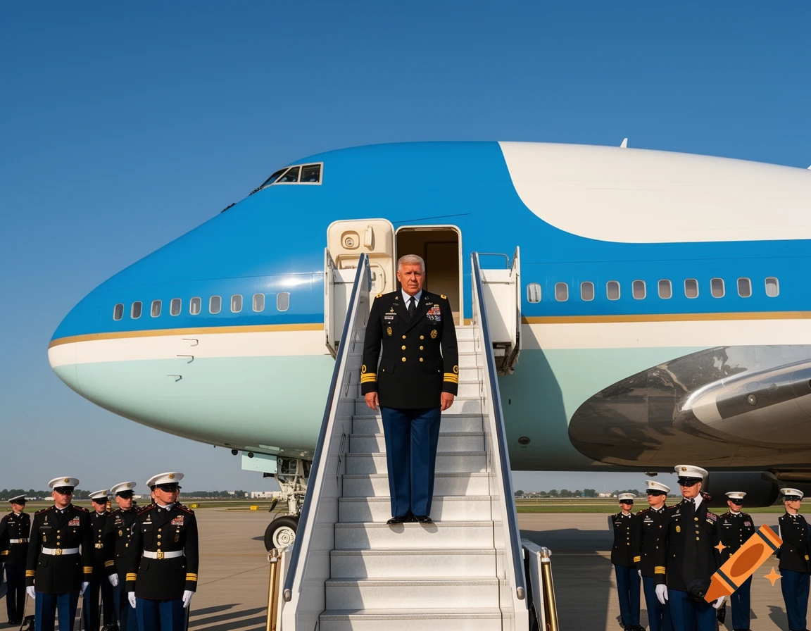 A military general in uniform stands at the top of stairs descending from a large blue and white airplane, with other uniformed personnel on the tarmac.
