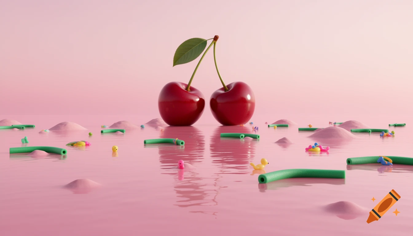 Two large red cherries with stems and a leaf stand in a pink lake with pink mounds, green pool noodles, and small pool toys under a pink sky, in a surreal 3D render.
