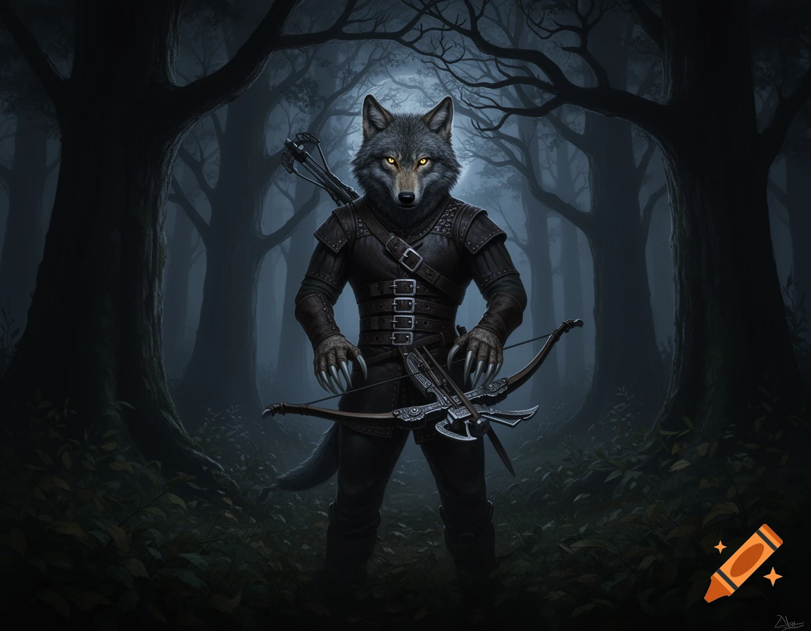 A humanoid wolf warrior with glowing yellow eyes, dressed in dark leather armor, holding a crossbow in a dark, misty forest.