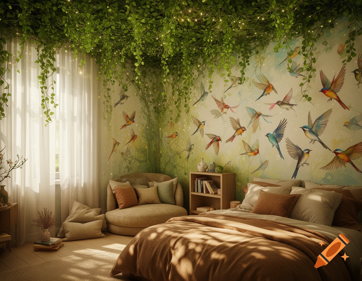 A cozy fantasy bedroom with green vines and fairy lights on the ceiling, and a wall mural of colorful birds flying.