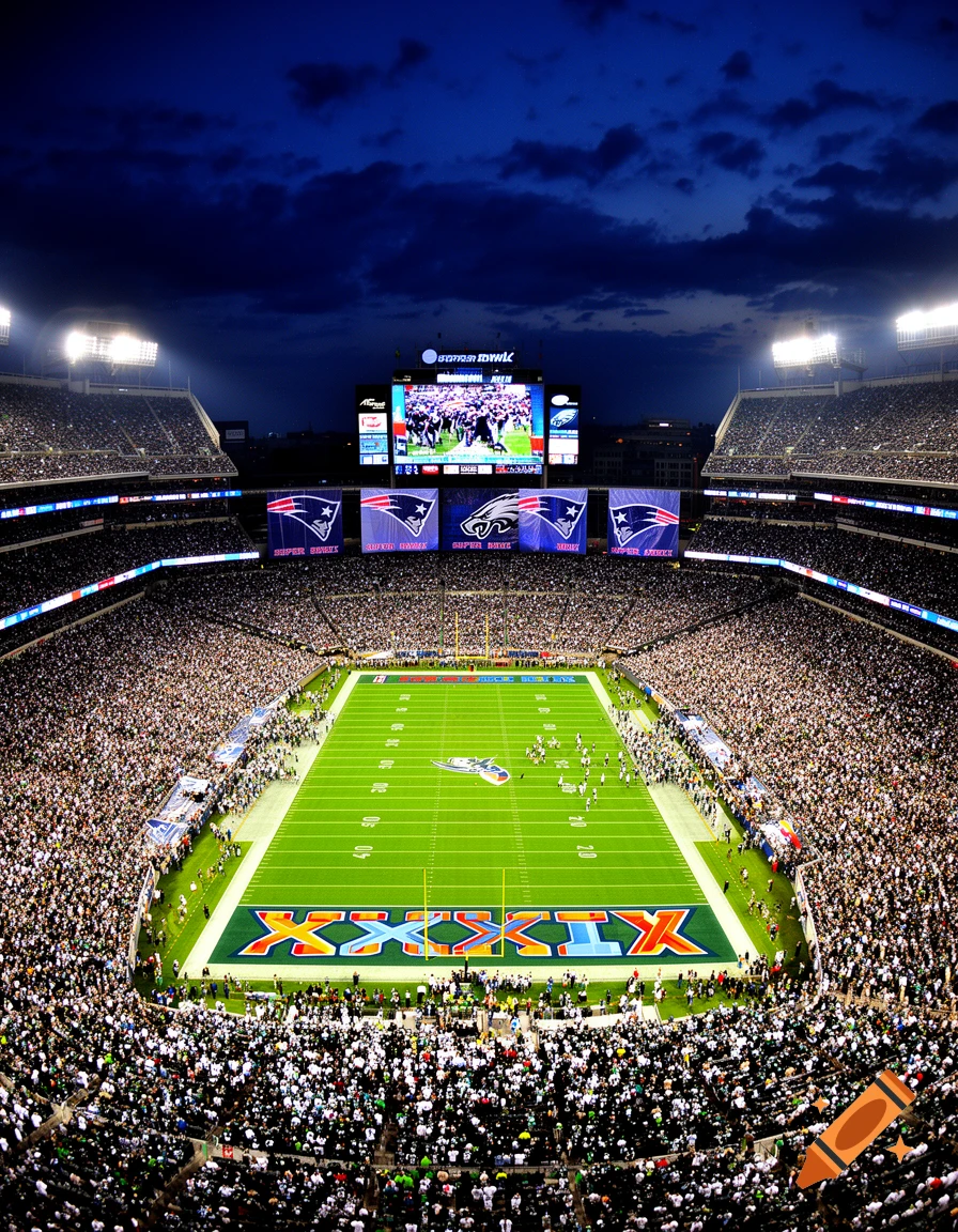 An aerial view of a packed football stadium at night during Super Bowl XXXIX, with the field lit up and a large crowd.