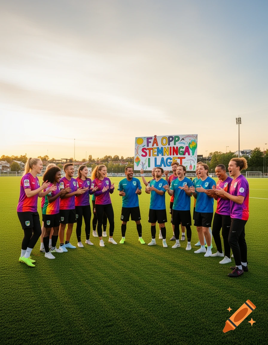 A diverse group of soccer players in colorful uniforms clapping on a green field under a clear sky, holding a sign.