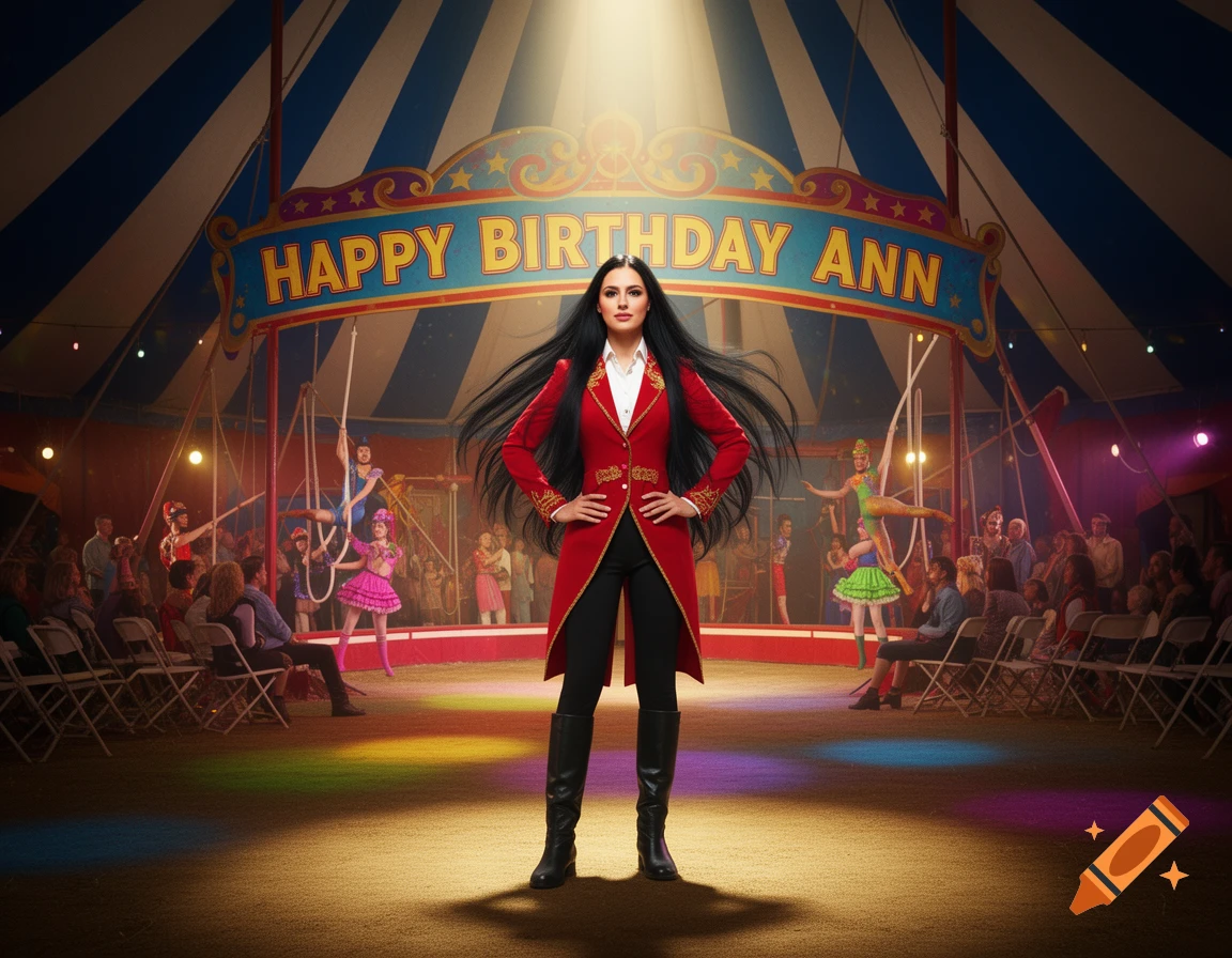 Female circus director in a red uniform stands center stage in a big top tent with performers, audience, and a "Happy Birthday Ann" banner.
