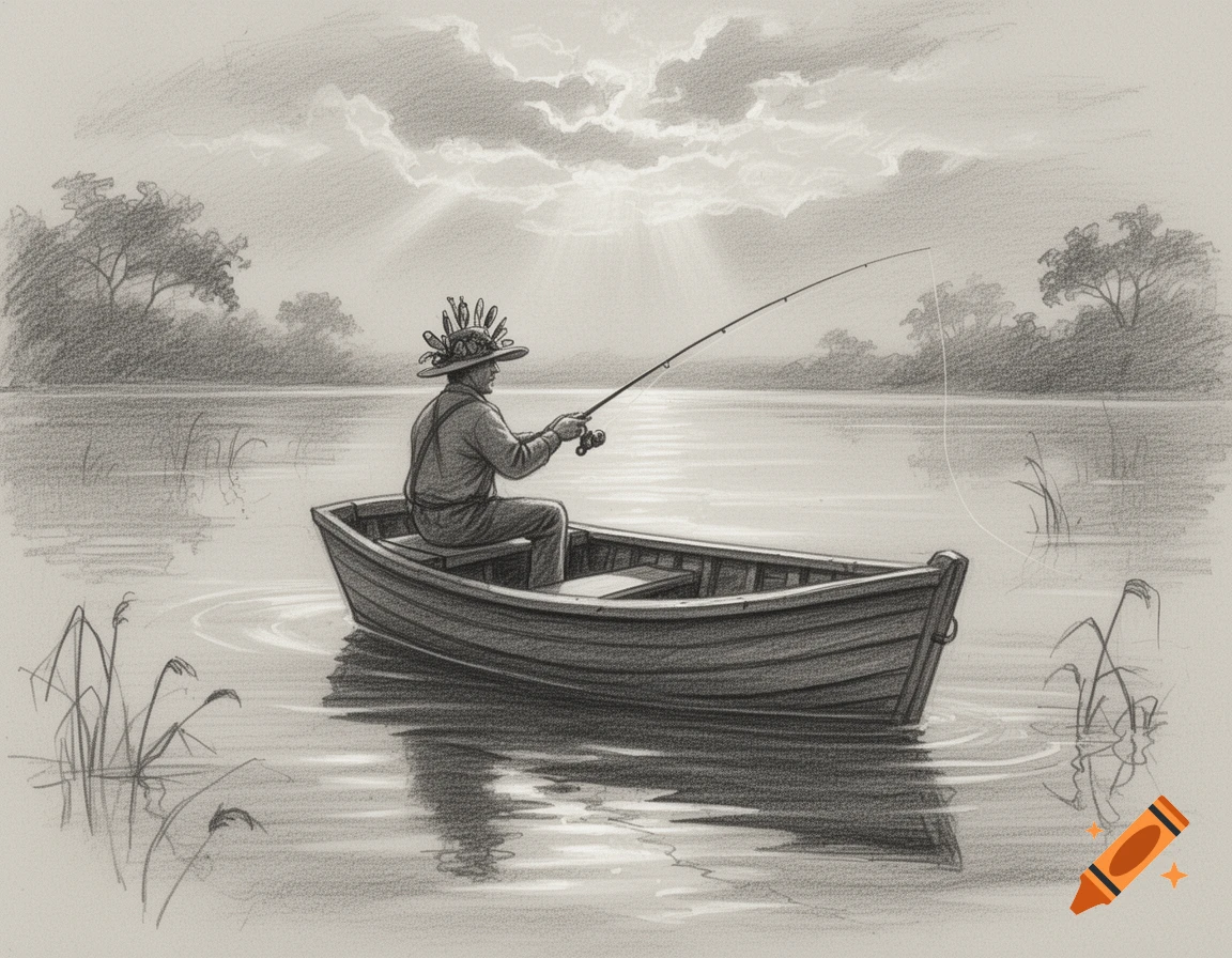 Pencil sketch of a man fishing from a small boat on a lake under a cloudy sky.