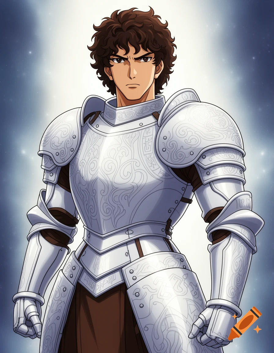 Anime art of a young man with dark curly hair in bright white patterned plate armor, against a light blue sparkly background.