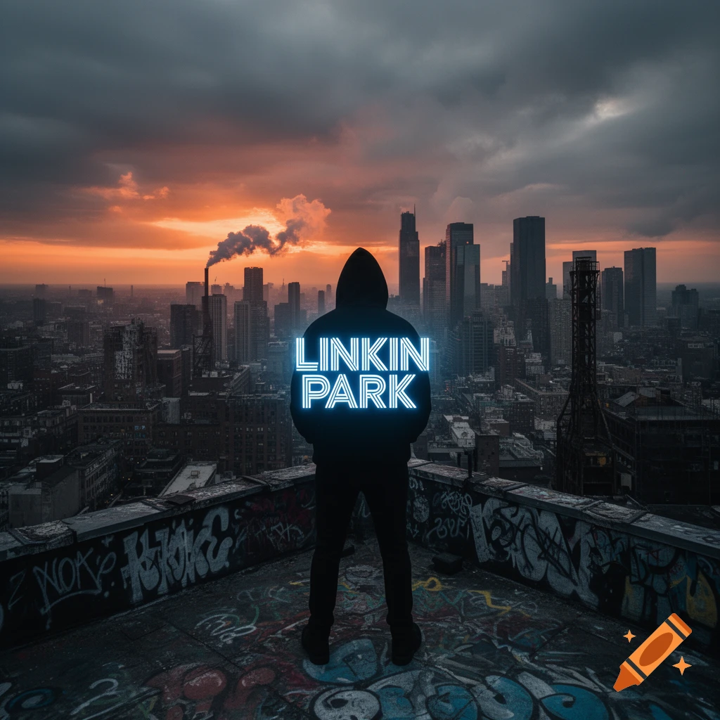 A hooded figure stands on a graffiti-covered rooftop overlooking a city skyline at sunset, with glowing neon blue 'LINKIN PARK' text on their back.