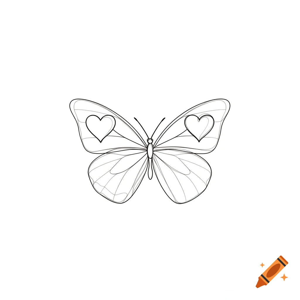 Fineline drawing of a butterfly with a heart on each wing.