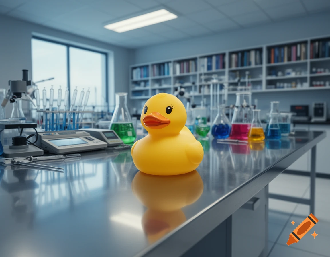 A bright yellow rubber duck sits on a reflective metallic lab table, surrounded by scientific equipment and beakers with colorful liquids in a laboratory.