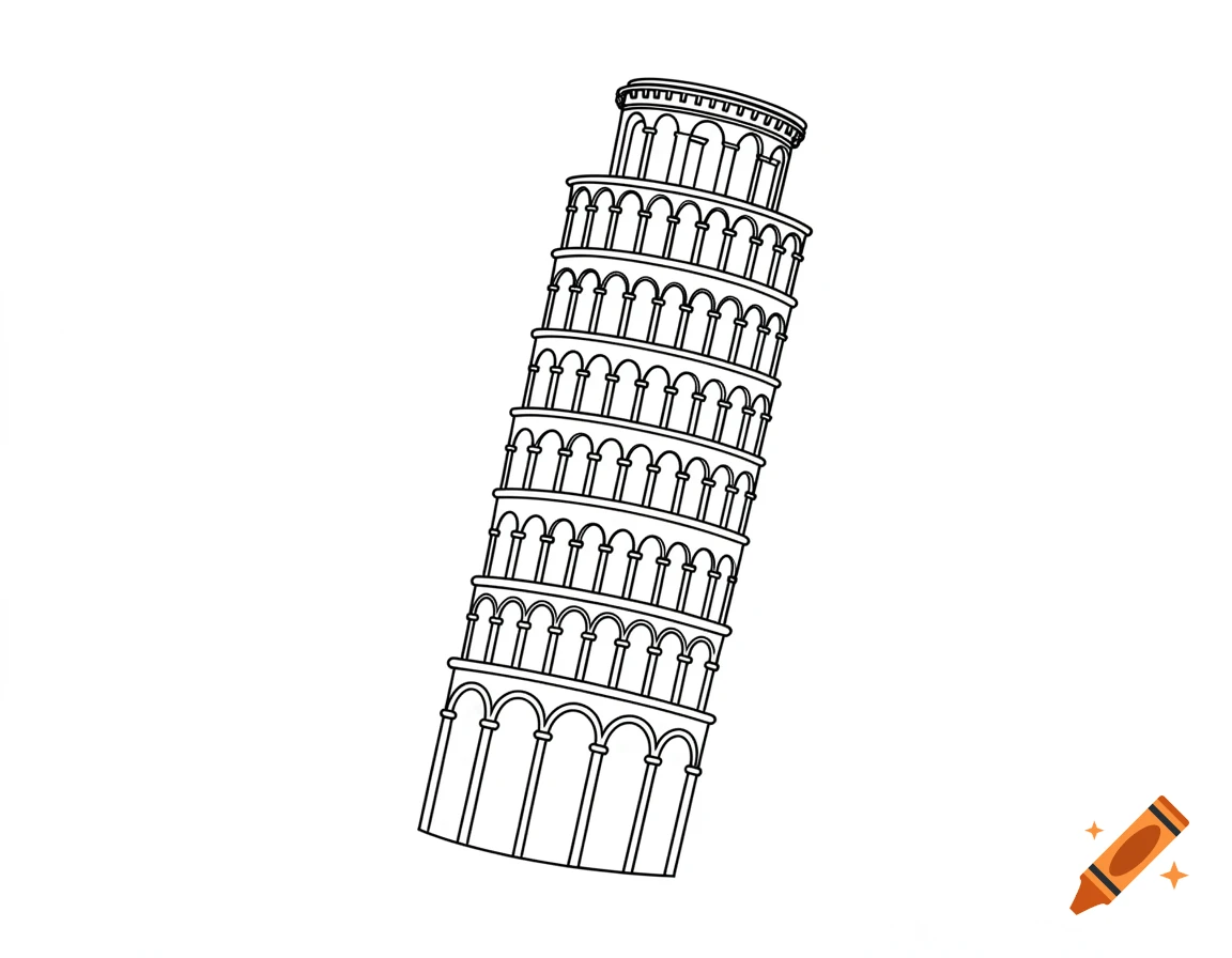 A black and white line drawing of the Leaning Tower of Pisa on a white background, styled as a coloring page.