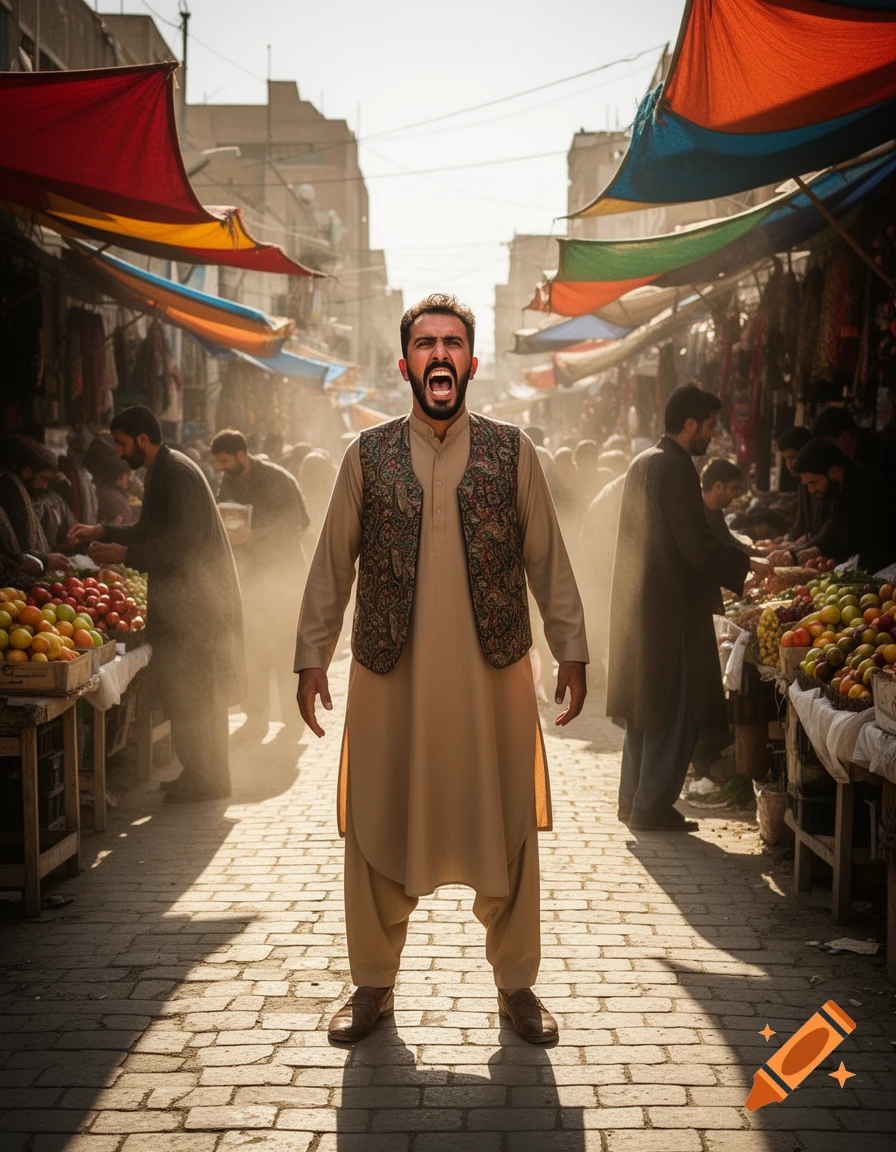 A man in traditional attire yells, standing in a sunny, dusty marketplace street with stalls and people.