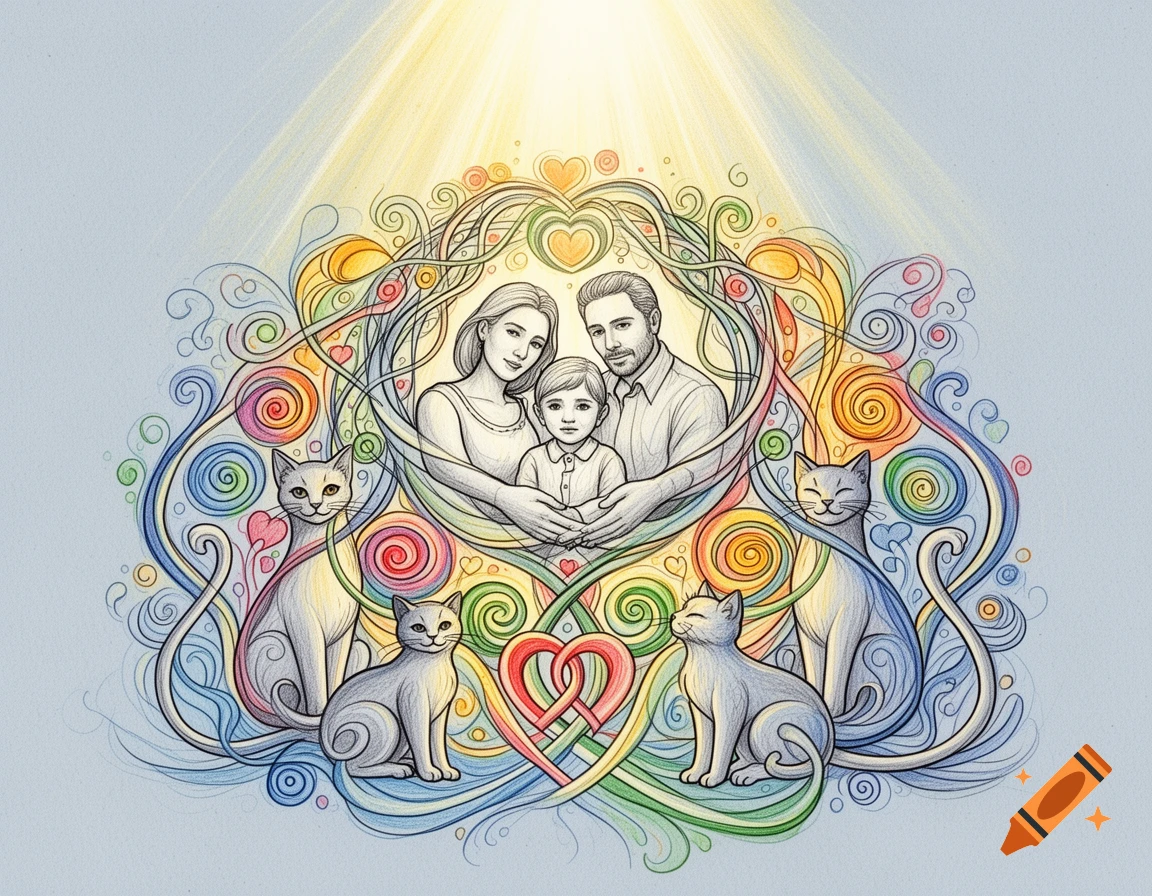 A colorful hand-drawn illustration of a family (man, woman, child) surrounded by four cats, abstract swirls, and hearts, with light shining from above.